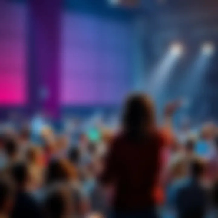 A motivational speaker, Nona, stands in front of a diverse audience, encouraging them to reach their potential. The crowd looks engaged and inspired.