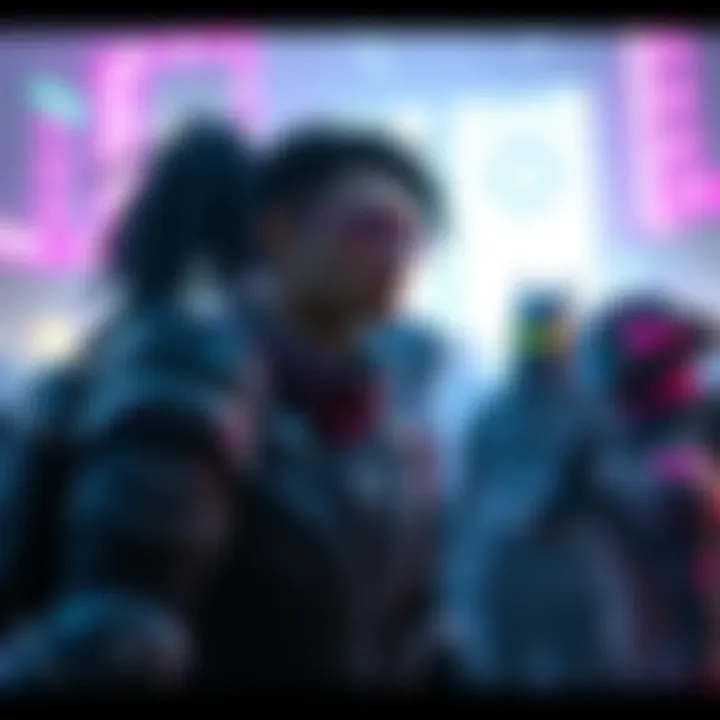 A group of normal humans interacting with the Widowmaker character, showcasing their connection and dynamics.