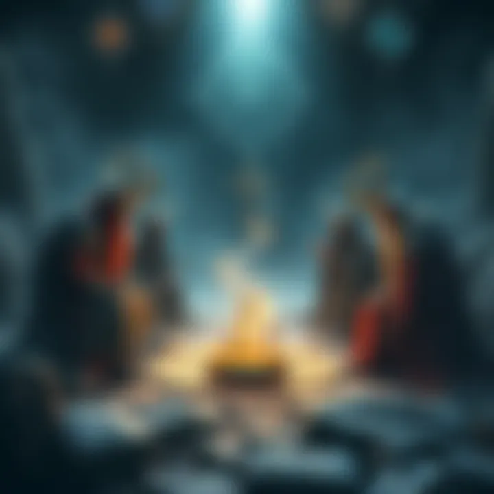 Norns and Baldur Norns discussing Baldur's fate in a mystical setting, with symbols of destiny around them.