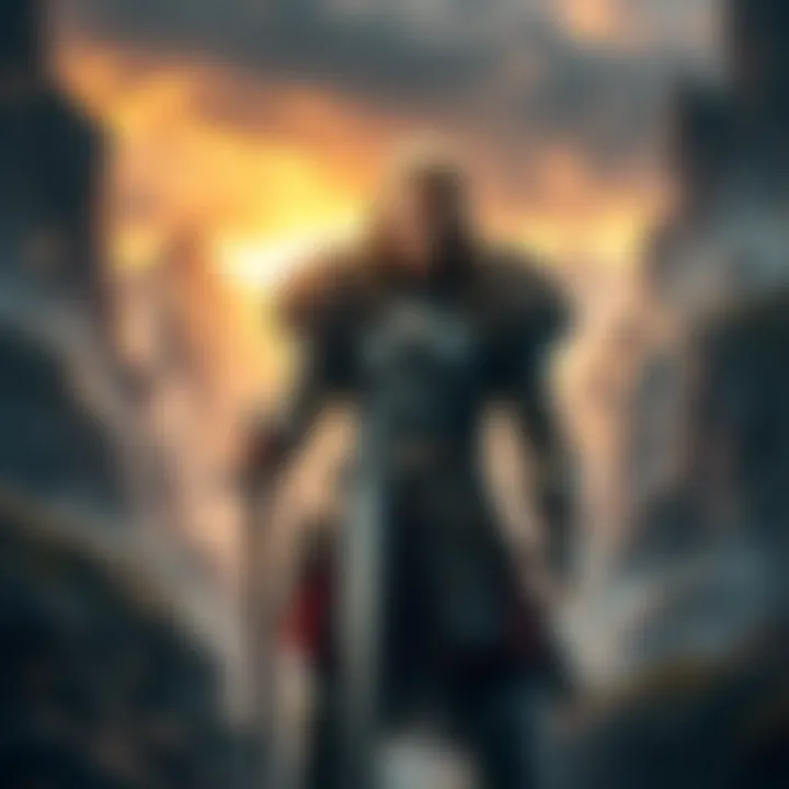 Norse Arc Character A determined individual in Norse attire, standing confidently with a sword in hand, ready to take on a challenge surrounded by a mythical landscape.