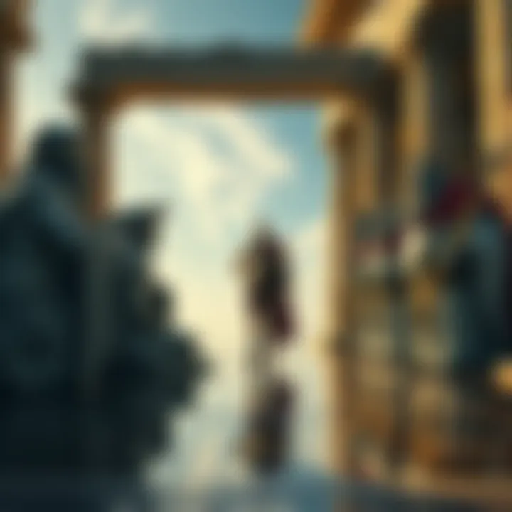Norse Kratos appears calm and reflective, standing before ancient Greek Gods who look surprised at his transformation. The scene captures a moment of potential reconciliation amidst a backdrop of Greek architecture and mythological elements.