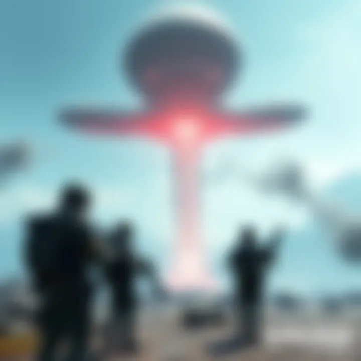 A digital art piece showing North Korean soldiers in a futuristic game setting, looking towards a mysterious alien spaceship, hinting at their missing role in the Crysis sequels.