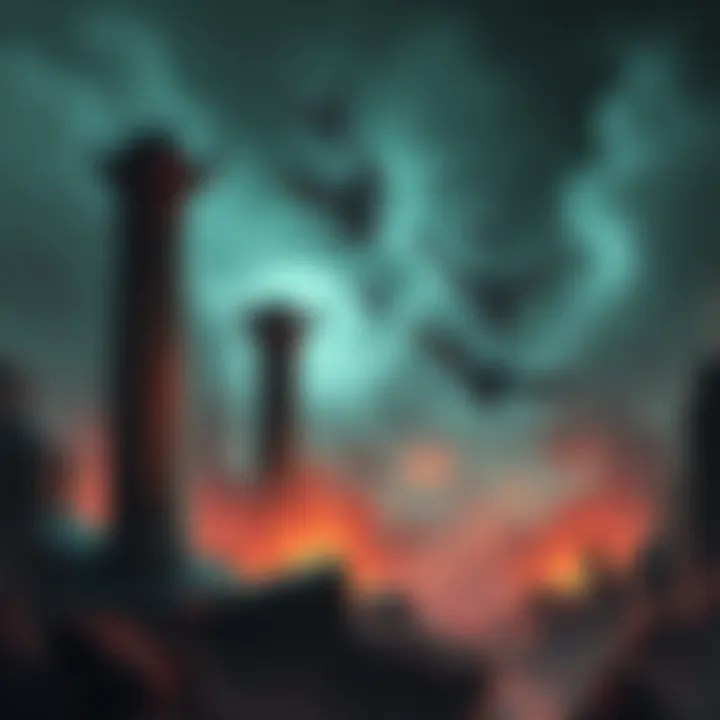 Artistic depiction of the collapsed Pillars of Nosgoth, showcasing destruction and artistry in a dark fantasy setting.