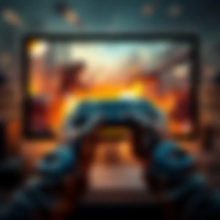 A gamer holding a controller with a Charge Rifle on screen, surrounded by chaotic action elements from ALGS Season 18 gameplay