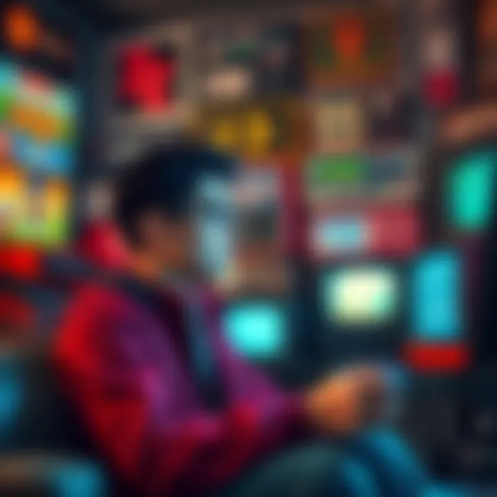 A person playing a classic video game, surrounded by gaming memorabilia from the past, looking thoughtful about their childhood memories.