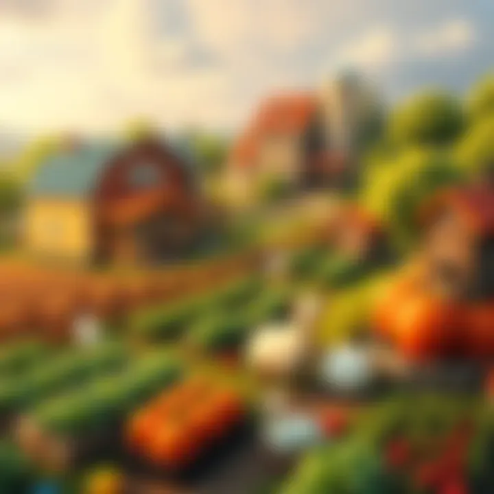 Nostalgic farming game A colorful farming scene with crops, animals, and a cozy community setup