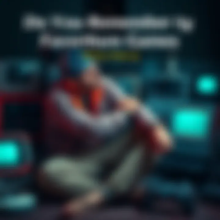 Nostalgic gamer remembering old games A gamer sitting with a thoughtful expression, surrounded by classic video game consoles and controllers, reflecting on past gaming experiences.