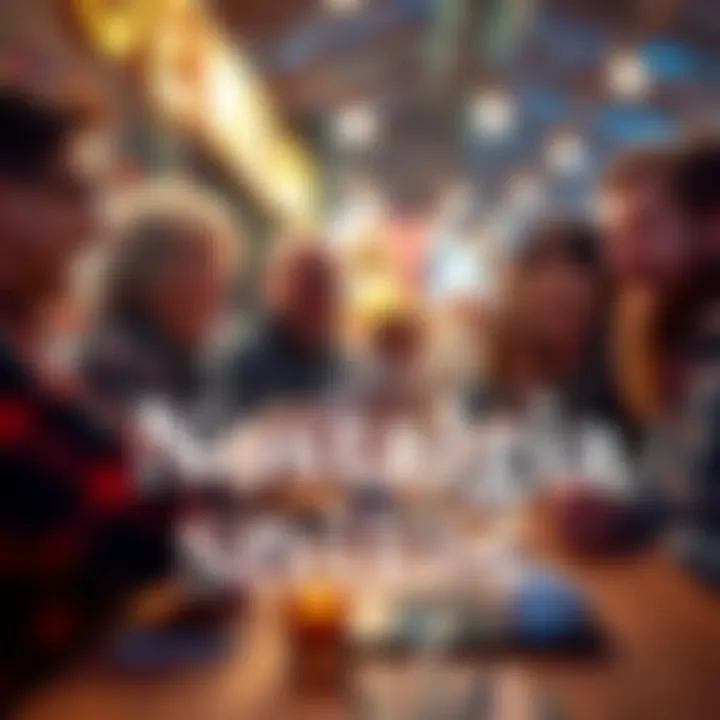 A group of friends sharing stories and laughter at a familiar local event, showing joy and excitement