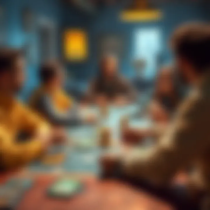 Card game with nostalgic 90s theme A tabletop card game featuring 90s-themed decks, showing a mix of essential cards and players discussing strategies.