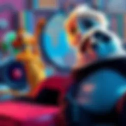 Nostalgic Childhood Games Collage of characters from Madagascar, Up, and Kung Fu Panda with a gaming console