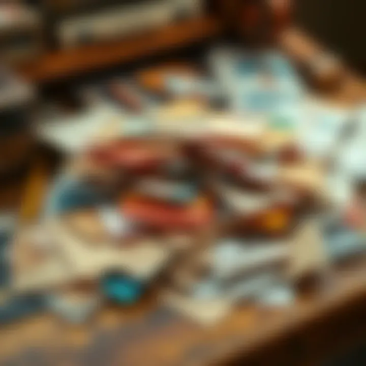 A pile of colorful fan letters and drawings scattered on a vintage desk, evoking memories of past connections and creativity.