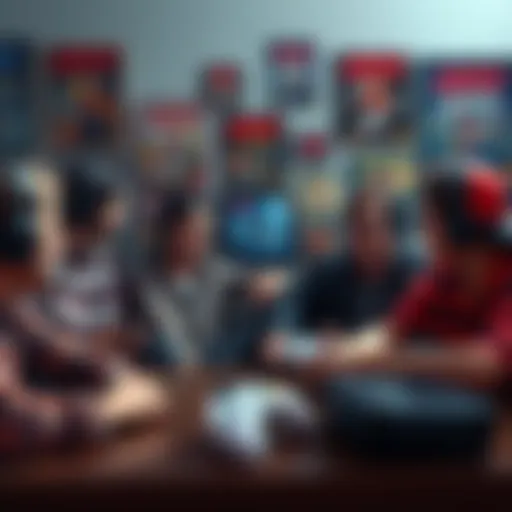 A group of gamers reminiscing together about classic video games, surrounded by retro game posters and consoles, showing a sense of longing for past experiences.