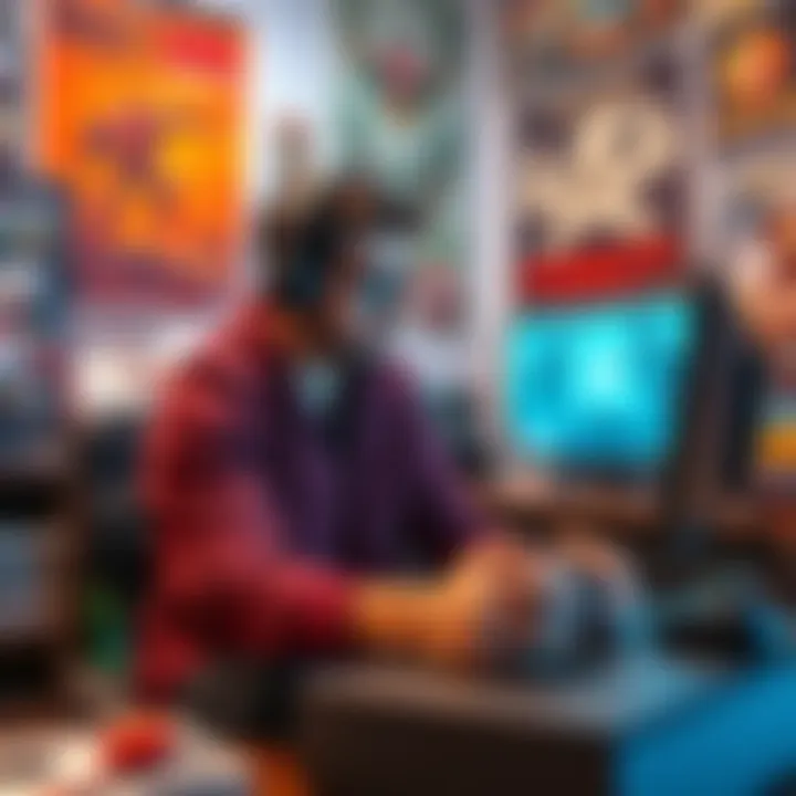 A gamer in their 30s playing Mass Effect on a console, surrounded by classic game posters and memorabilia.
