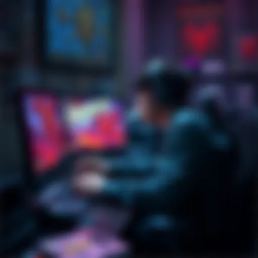 A gamer enjoying the 2025 update of Heretic on a computer, surrounded by nostalgic gaming memorabilia.