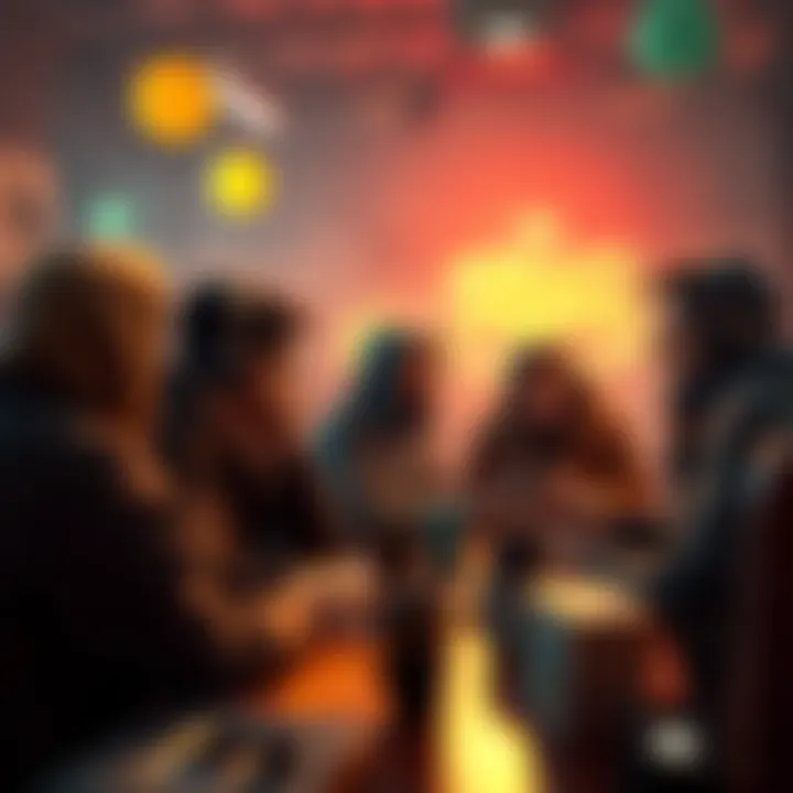 A group of people sharing memories about Pigpen and suggesting new game features, with a nostalgic atmosphere