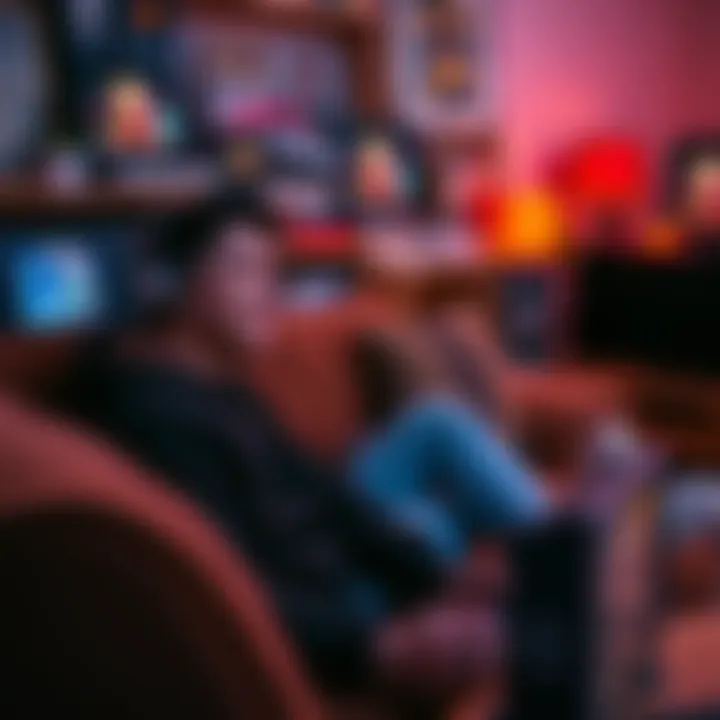 A person sitting on a couch, smiling while playing a classic video game, surrounded by nostalgic gaming memorabilia.