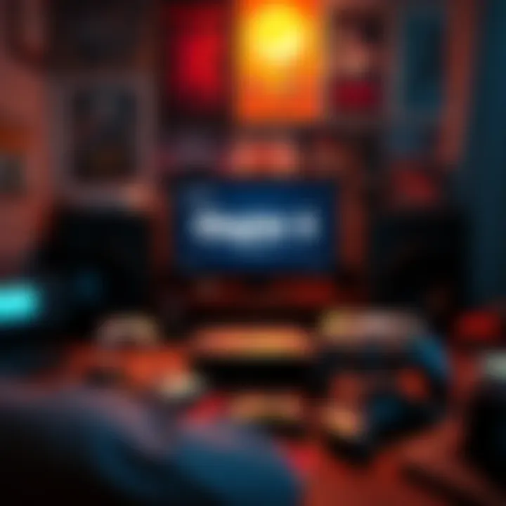 A gaming setup featuring Chapter 6 Season 4 on the screen, surrounded by nostalgic memorabilia like old game controllers and posters, creating a warm and inviting atmosphere.