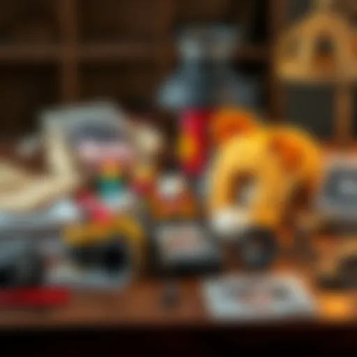 A collection of cherished nostalgic items like old toys, photographs, and letters arranged on a wooden table.