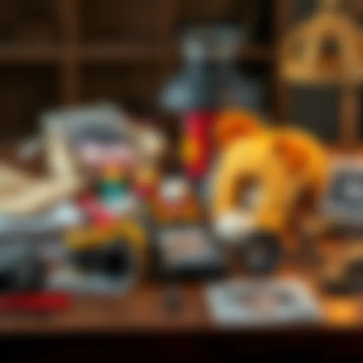 A collection of cherished nostalgic items like old toys, photographs, and letters arranged on a wooden table.