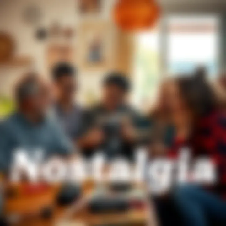 A group of people sharing laughs while reminiscing over old photographs and retro items.