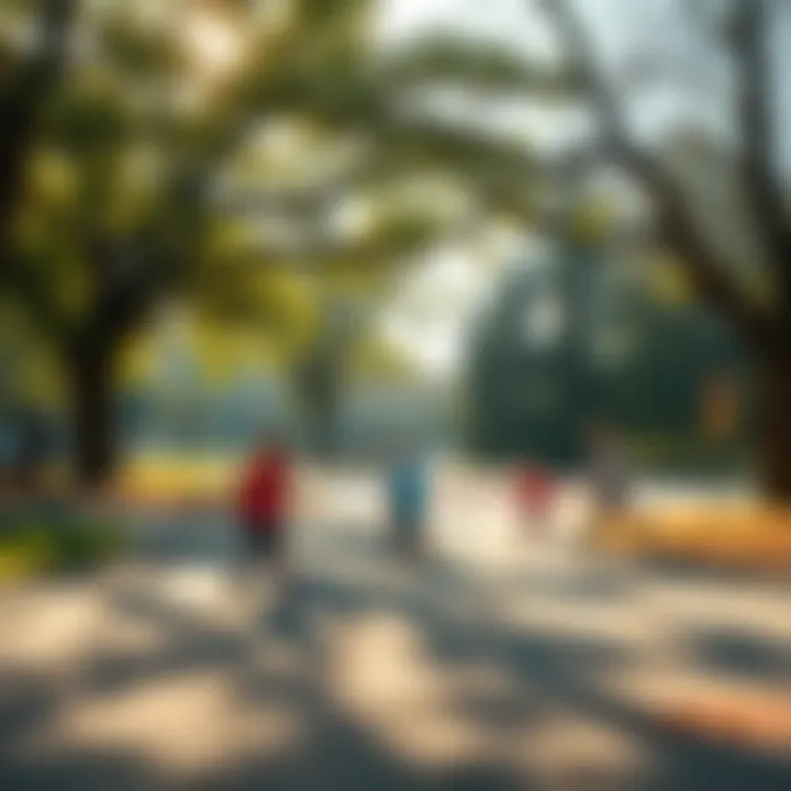 A serene park setting with children playing, surrounded by trees and bright sunlight, evoking a sense of nostalgia