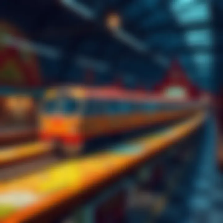 A colorful, decorative train map featuring an elevated train, inspired by early 2000s video game design