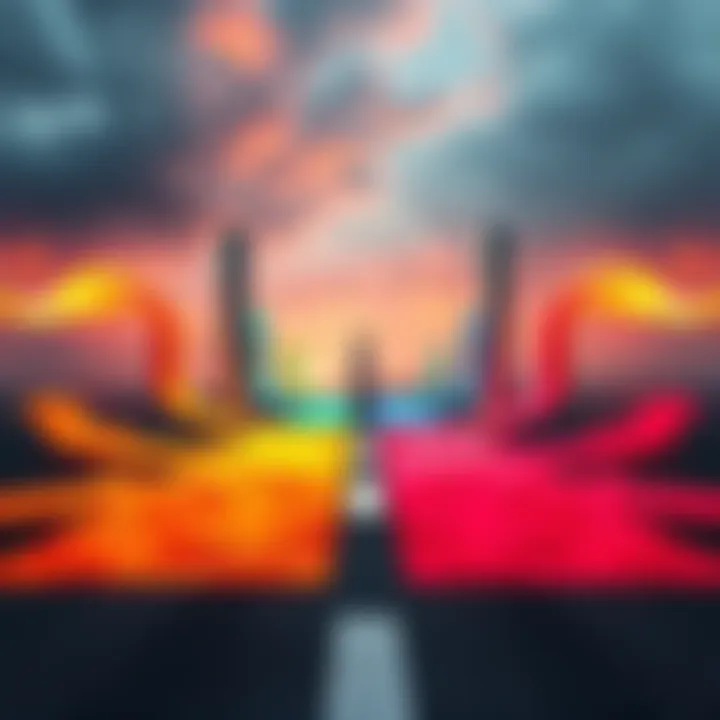 Concept of Not Limbo A person standing at a crossroads symbolizing choices beyond societal boundaries, with colorful paths diverging in various directions.