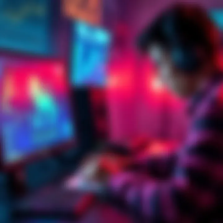 Person using note-taking software A person focused on a computer screen, typing notes for a role-playing game, with colorful graphics around to enhance immersion.