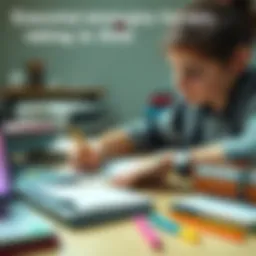 A student writing notes in a notebook with colorful pens and highlighters, surrounded by textbooks and a laptop
