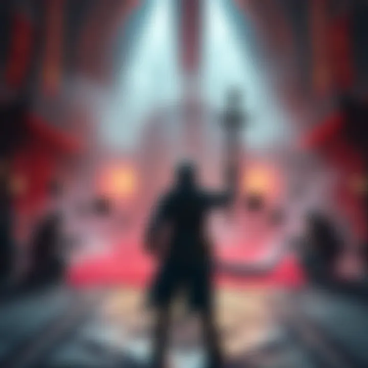 A character calling an NPC summon in a fantasy game environment with a boss room in the background