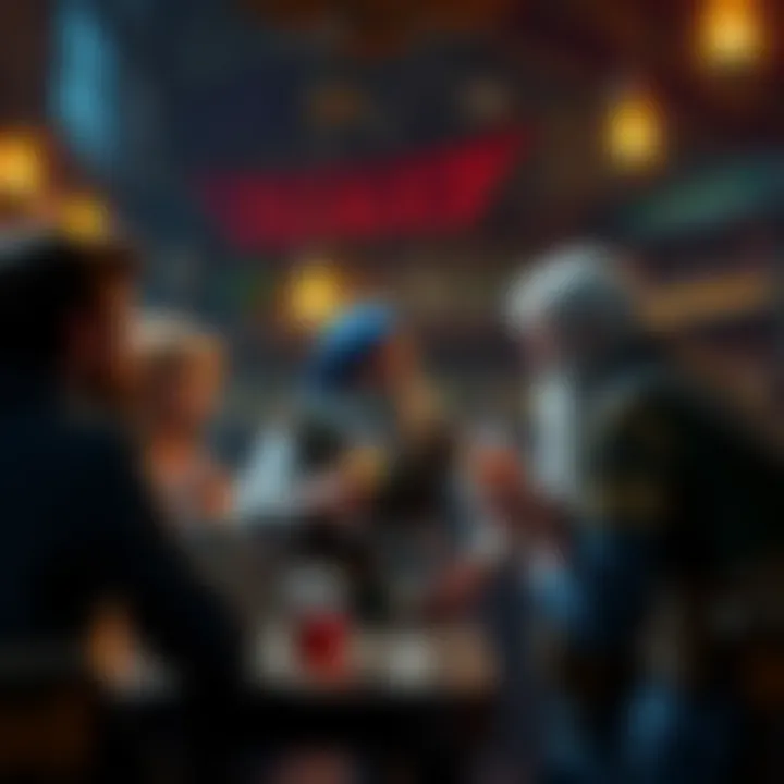 A fantasy character humorously telling a joke to adventurers in a lively tavern setting, creating a fun atmosphere.