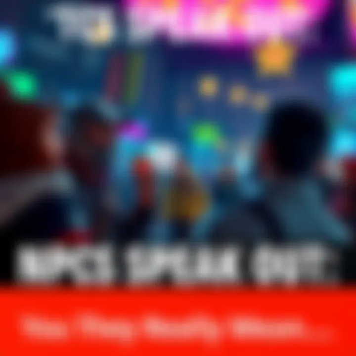 Various video game NPCs engaging with players through dialogue in a colorful game setting.