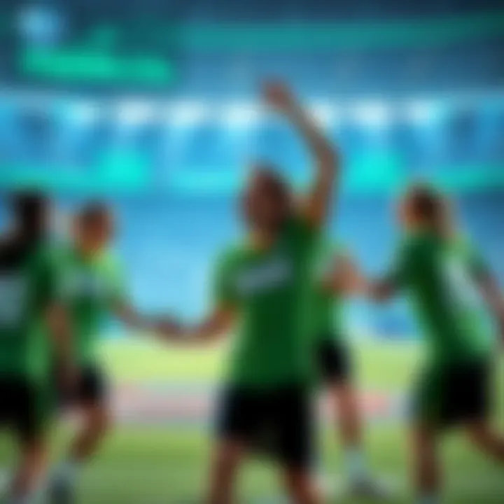 Rocket League NRG team members wearing green jerseys, celebrating together on the field