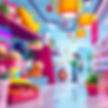 A vibrant illustration showing food and technology integrated in everyday life, representing the idea of essential products being available everywhere. Bright colors and modern design elements highlig...