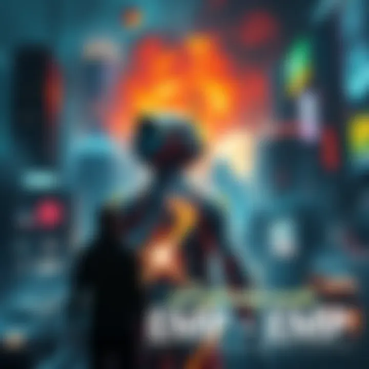 A futuristic city skyline with digital screens flickering and cybernetic individuals experiencing malfunctions due to a high-altitude nuclear EMP. Sparks and flames erupt, highlighting chaos in the st...