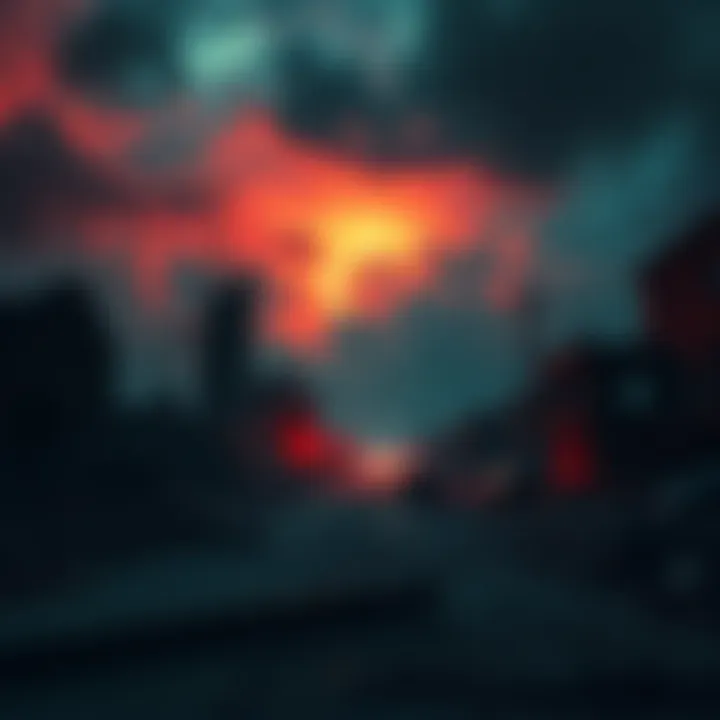 A dark, post-apocalyptic landscape with ruined buildings and a glowing nuclear sky, evoking tension and fear from nuclear horror games.