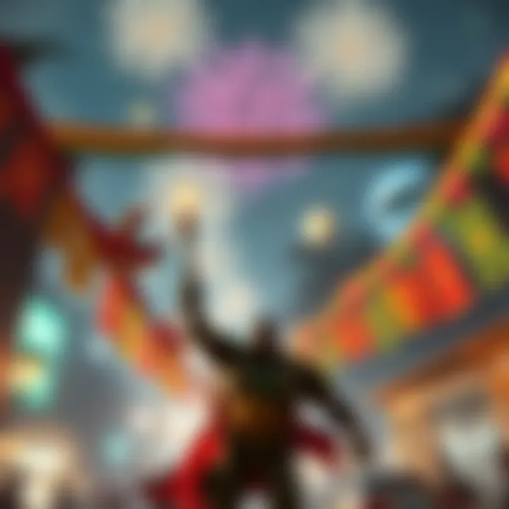Citizens of Numbani celebrate their heroes with fireworks and colorful banners in the streets.