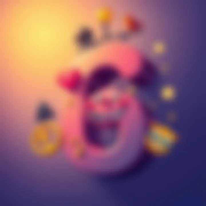 A playful illustration of the number 6, featuring humorous elements like a smiling face, balancing symbols of doom and joy, and quirky decorations.