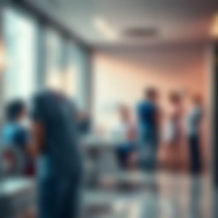 A nurse in scrubs stands in an office setting, discussing with a group of people about patient care and safety in a hospital environment.