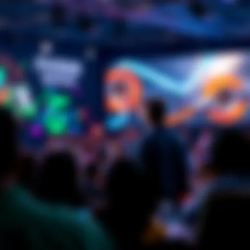 Nvidia's CEO speaking about the gaming industry at a conference, surrounded by gaming visuals and audience attention