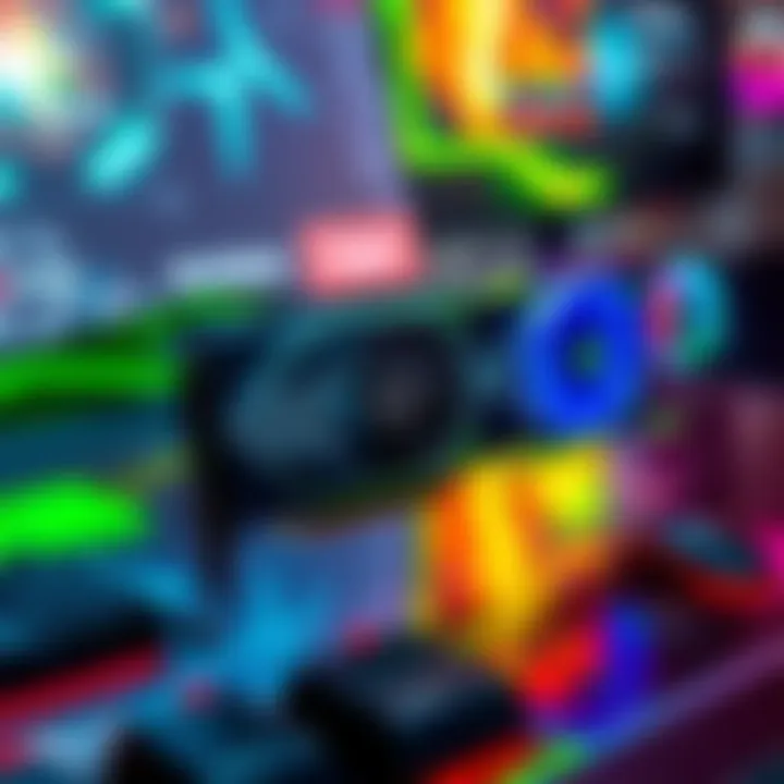 A powerful NVIDIA graphics card showcasing advanced gaming technology and graphics capabilities, set against a vibrant gaming backdrop.
