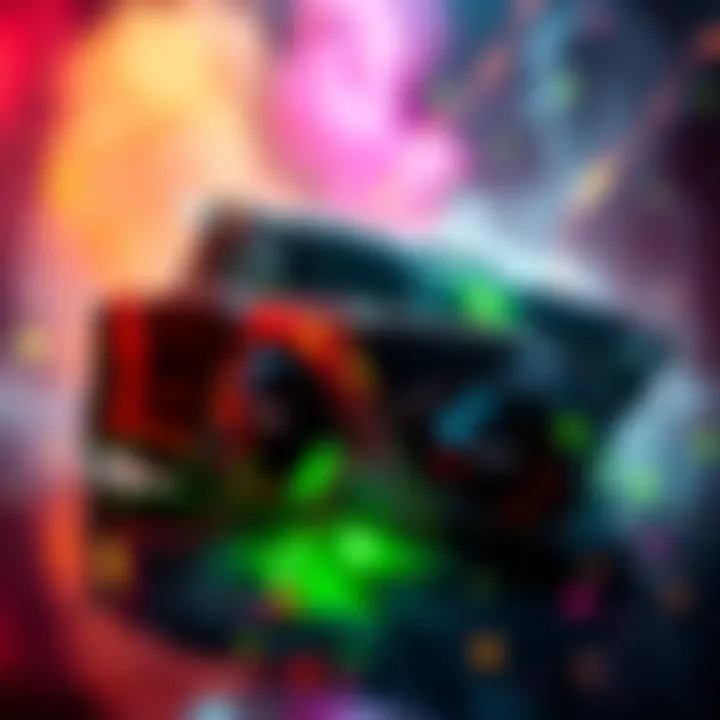 A collection of NVIDIA GeForce trading cards showcasing iconic GPUs and famous games, displayed with excitement and vibrant colors.