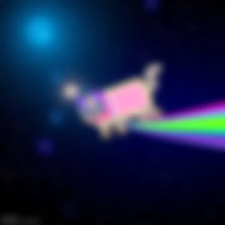 A vibrant pixel art Nyan Cat soaring through a starry background with rainbow trails