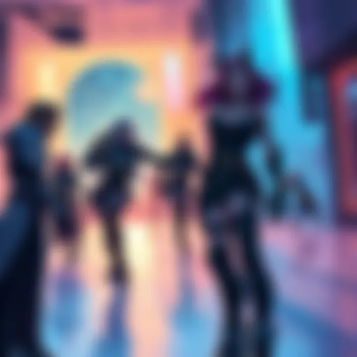 Illustration showcasing characters from Nyx's Widowmaker series interacting in a vibrant setting