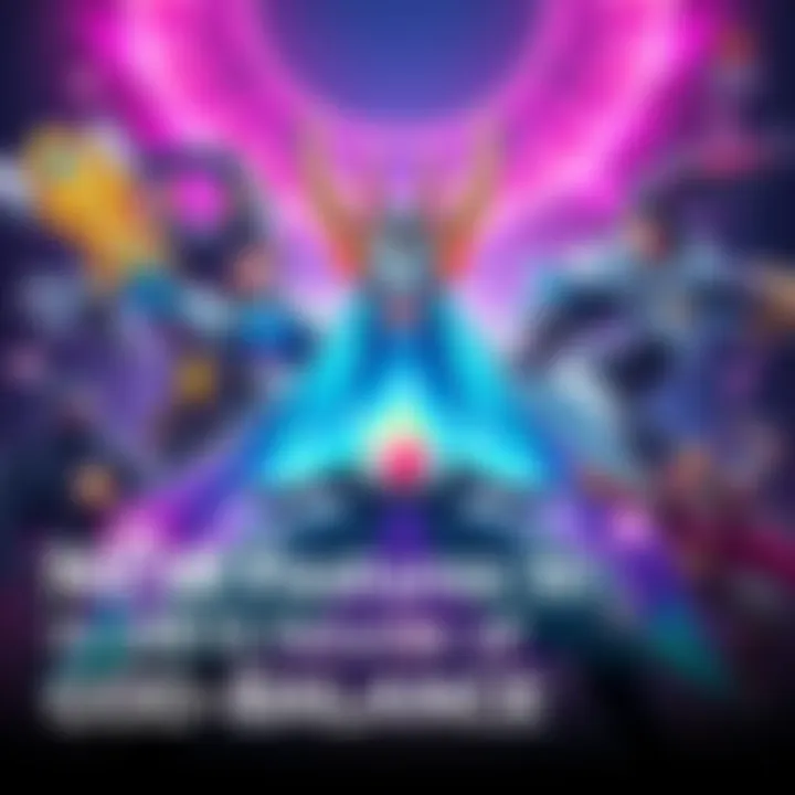 A digital artwork showcasing the upcoming features and balance changes in the OB15 God Balance update. It includes vibrant graphics representing gameplay improvements.