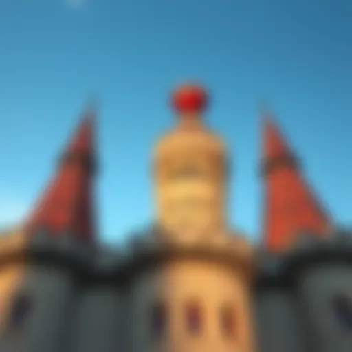 A strange object sitting at the top of a castle tower against a clear blue sky.