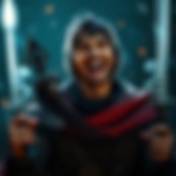 A character from Oblivion laughing amidst dark fantasy elements, showcasing humor in a serious setting.