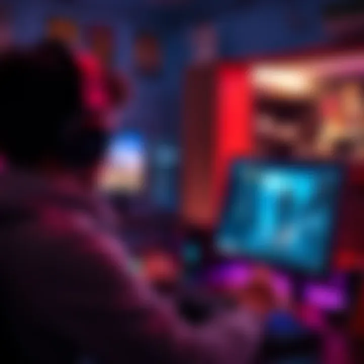 A gamer adjusting OBS settings on a computer while playing a video game, focused on capturing gameplay smoothly.
