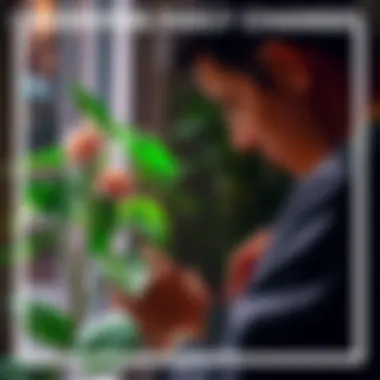 A person looking closely at a plant in their home, noticing small changes in leaves and flowers.