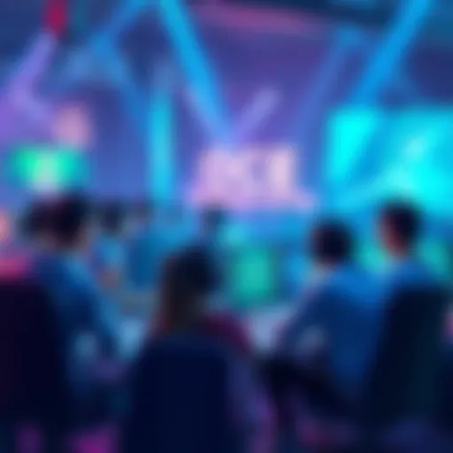 A group of gamers gathered around screens, discussing marathon games in a lively atmosphere, representing the OCE player base.